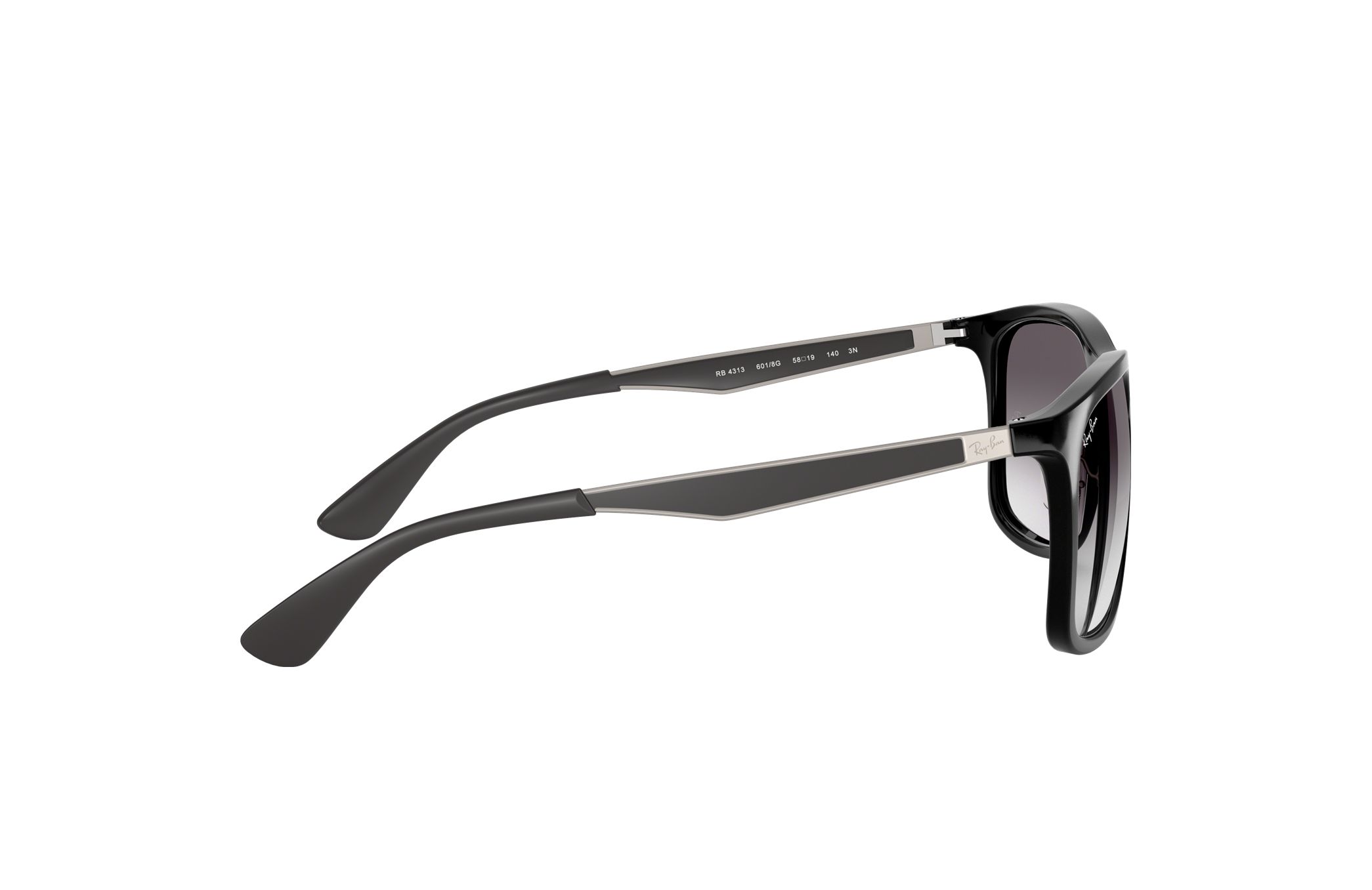 Ray-Ban RB4313-601/8G Unisex sunglasses featuring a gloss black nylon frame and grey lenses, perfect for stylish eye protection.